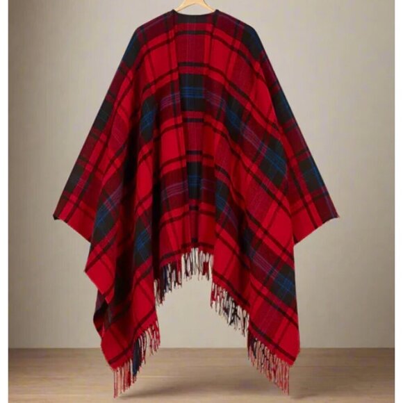 Maje Poncho Wrap Large Red Plaid Wool blend Womens Fringed One Size Jacket Italy - Picture 1 of 5